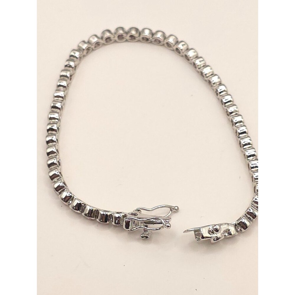 Silver Tone Tennis Bracelet With Pink CZ Stones & Secure Clasp - Picture 2 of 11